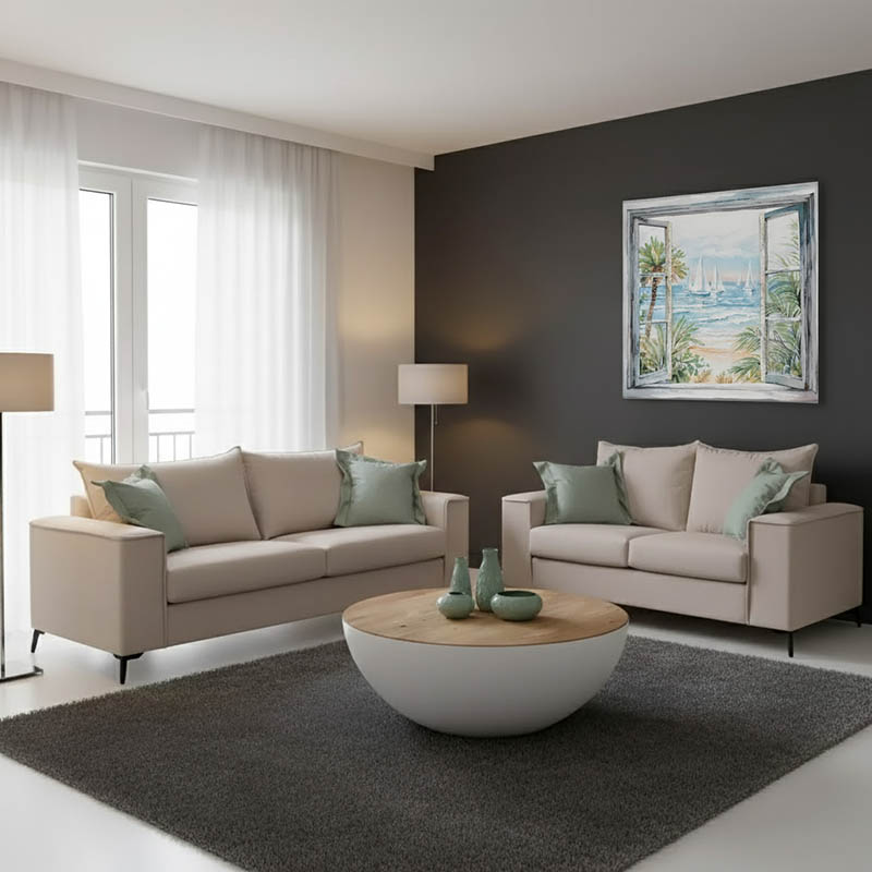 Σετ σαλονιού 2τεμ Verona pakoworld κρεμ ύφασμα με μαξιλάρια σε μέντα απόχρωση - Image 2