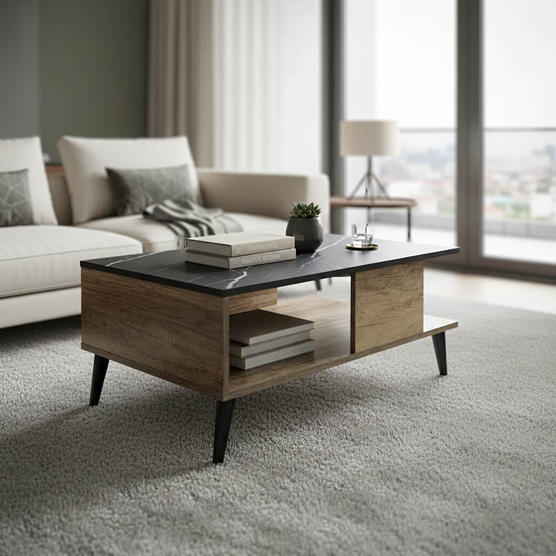 Τραπέζι σαλονιού Moses pakoworld χρώμα μαύρο μαρμάρου-καρυδί 90x54x37.5εκ