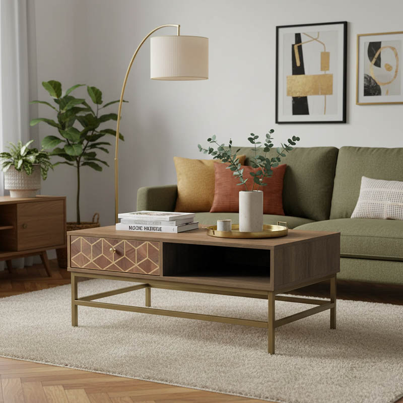 Τραπέζι σαλονιού Brilo Inart καφέ-χρυσό ξύλο 101x59x43εκ