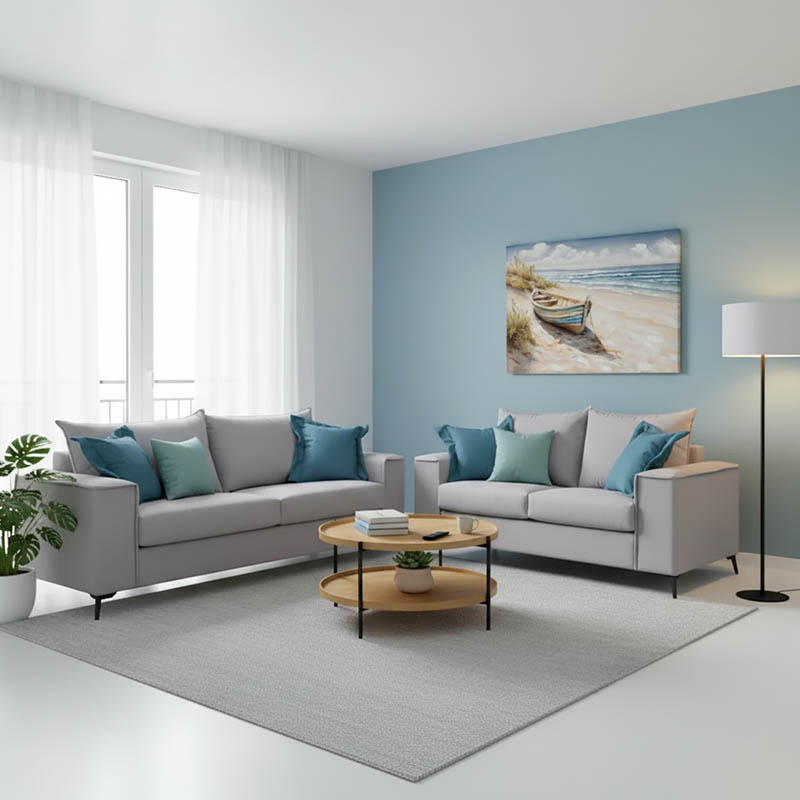 Σετ σαλονιού 2τεμ Verona pakoworld ανοιχτό γκρι ύφασμα με μαξιλάρια σε μπλε απόχρωση - Image 2