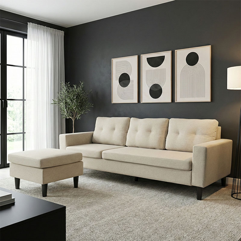 Γωνιακός καναπές αναστρέψιμος Maneli pakoworld μπεζ ύφασμα 196x138/77x82εκ