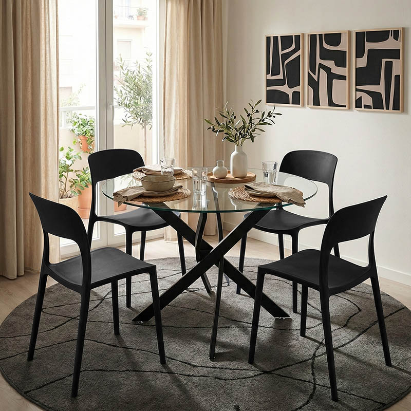 Τραπέζι Antoro pakoworld γυαλί και μεταλλικά πόδια σε μαύρη απόχρωση Φ80x75εκ - Image 2