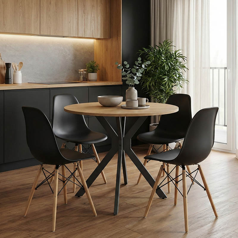 Τραπέζι Xuson pakoworld φυσικό mdf-πόδι μαύρο μέταλλο Φ80x75εκ - Image 2