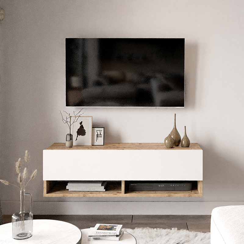 Έπιπλο τηλεόρασης επιτοίχιο Roscoe pakoworld λευκό-oak 100x31.5x29.5εκ - Image 4