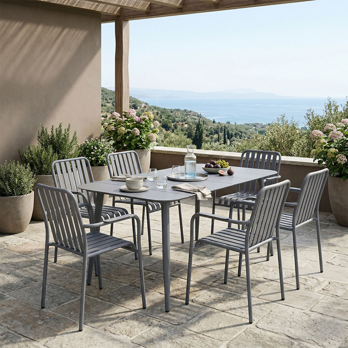 Τραπεζαρία Heven Vista pakoworld σετ 7τεμ ανθρακί αλουμίνιο 150x80x72εκ