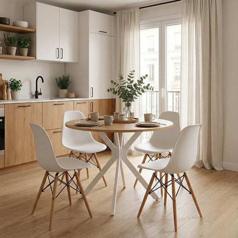 Τραπέζι Xuson pakoworld φυσικό mdf-πόδι λευκό μέταλλο Φ80x75εκ - Image 2