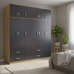 Ντουλάπα εξάφυλλη με πατάρι Athos pakoworld sonoma-ανθρακί 180x42x240εκ