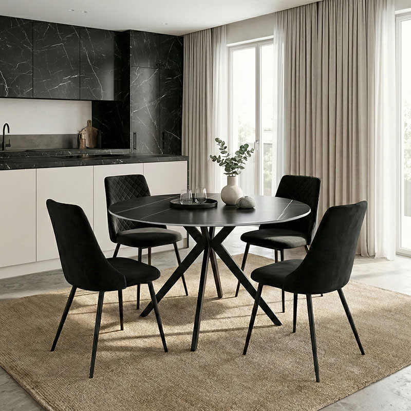 Τραπέζι Orbital pakoworld sintered stone μαύρη όψη μαρμάρου με μαύρα μεταλλικά πόδια Φ120x76εκ - Image 2