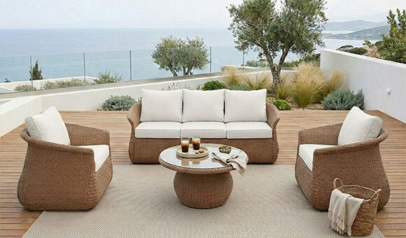 Σαλόνι κήπου Tropicana pakoworld 4τεμ pe rattan σε καφέ απόχρωση - ύφασμα μπεζ