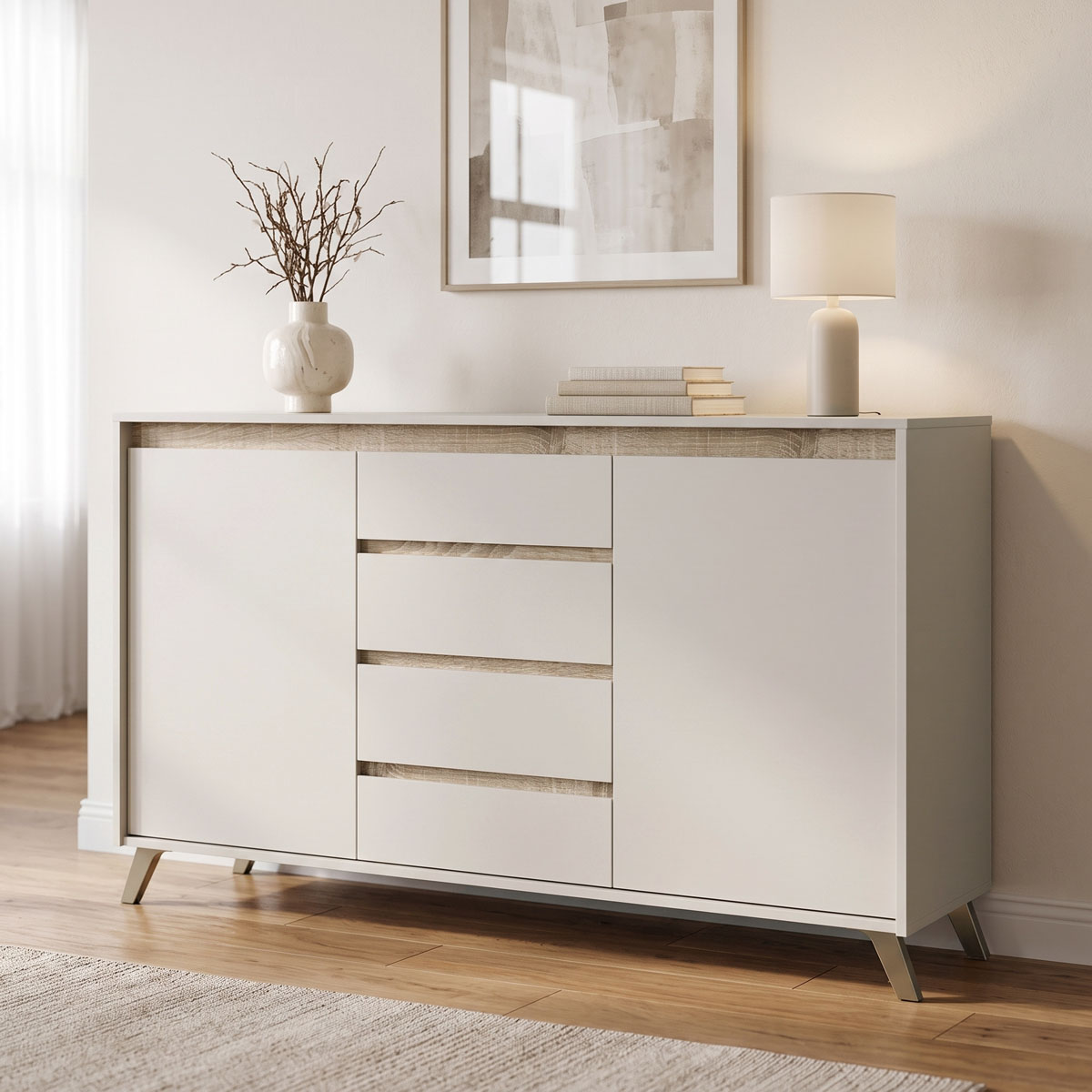 Μπουφές Belka pakoworld κρεμ με oak 155x45x93