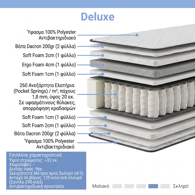 Στρώμα Deluxe pakoworld pocket spring διπλής όψης 32cm 140x200εκ - Image 2