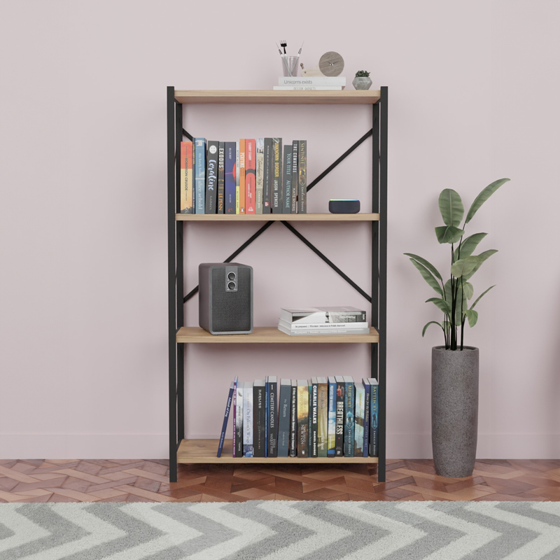 Βιβλιοθήκη Jackrey pakoworld oak μελαμίνης-μαύρο μέταλλο 63x30x114εκ