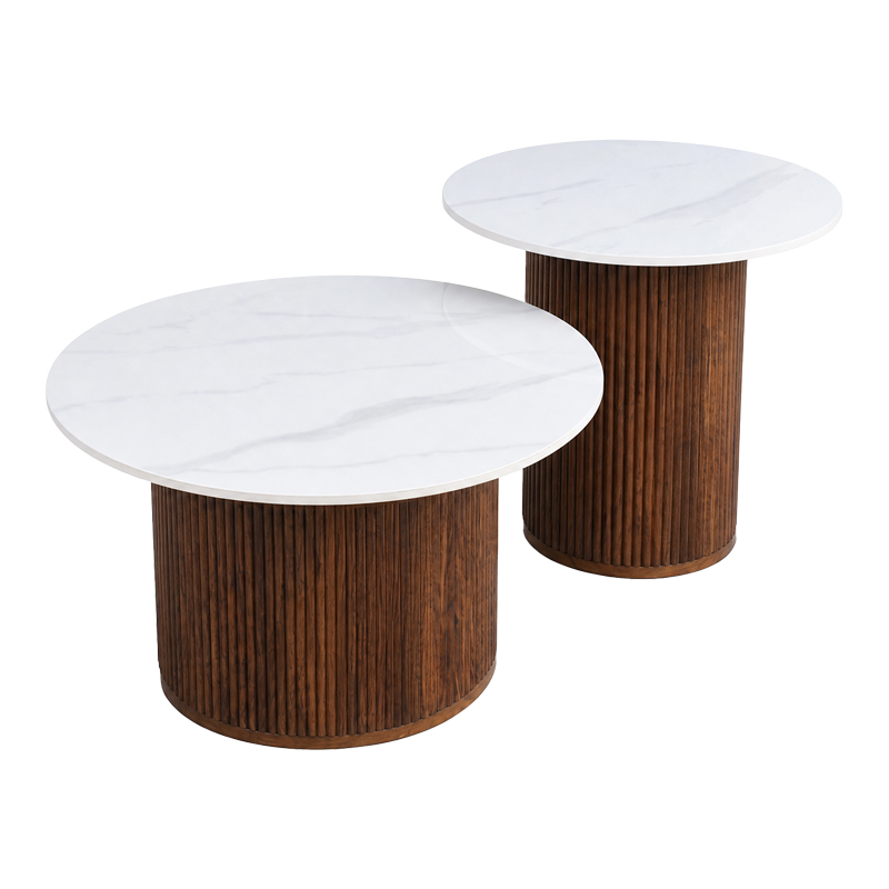 Τραπέζι σαλονιού Skerta pakoworld σετ 2τεμ λευκό sintered stone mdf με καρυδί βάση - Image 2