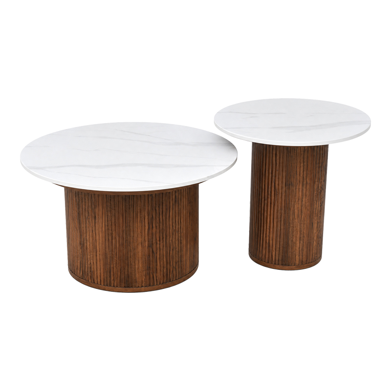 Τραπέζι σαλονιού Skerta pakoworld σετ 2τεμ λευκό sintered stone mdf με καρυδί βάση - Image 3