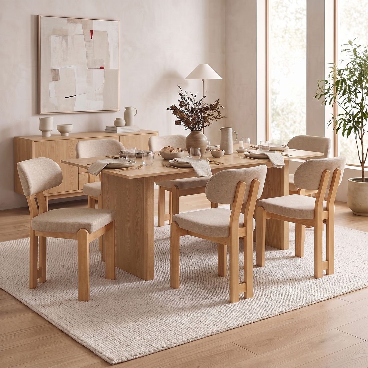 Τραπεζαρία με Καρέκλες Genoa μπεζ και Τραπέζι Eleganza sonoma MDF και rubberwood 180x99x75